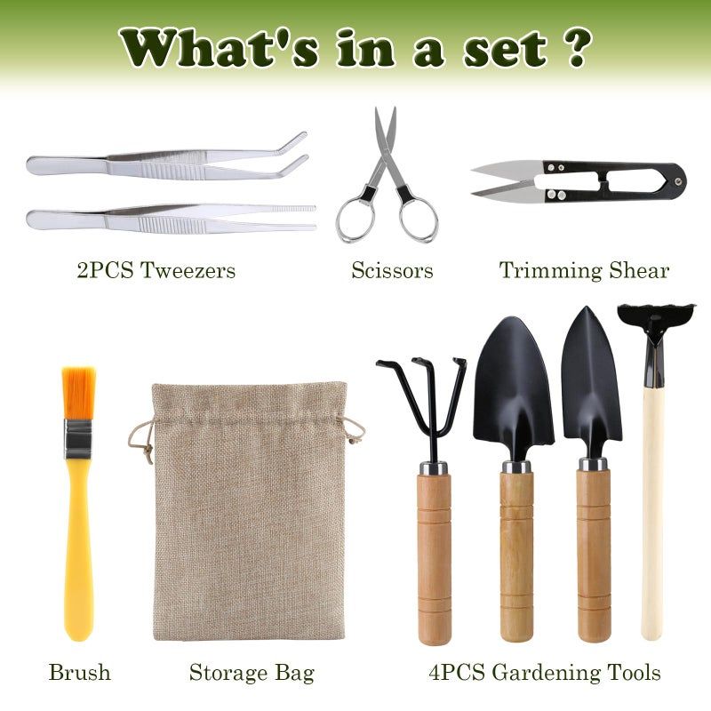LIHAO 9PCS Basic Bonsai Tools Set, Bonsai Tree Kit Mini Garden Tools Includes Pruning Shears, Mini Rake, Fold Scissors and More - Image 1